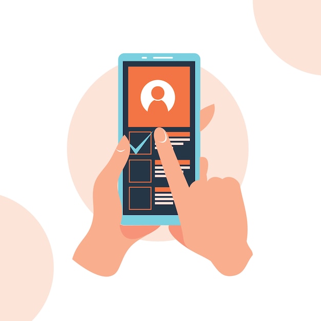 Hand holding phone app on the screen flat design style illustration