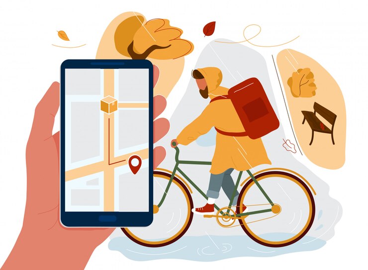 Vektör hand holding phone with map on screen and courier