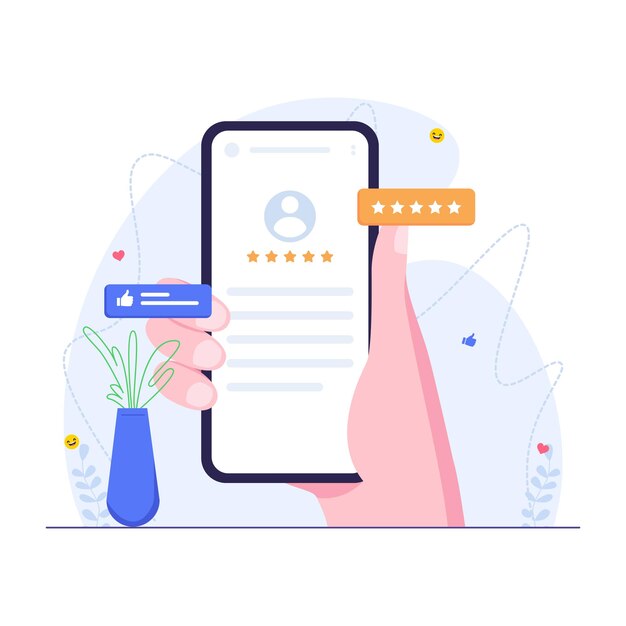Hand holding smartphone and leaving positive rating and review