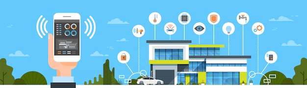 Hand Holding Smartphone With Smart Home System Control Interface Modern House Automation Concept Hor
