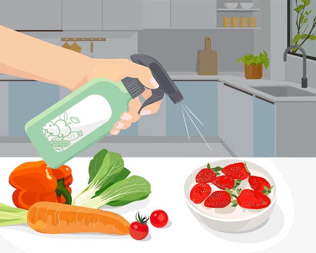 hand holding vegetable cleaner spraying strawberries