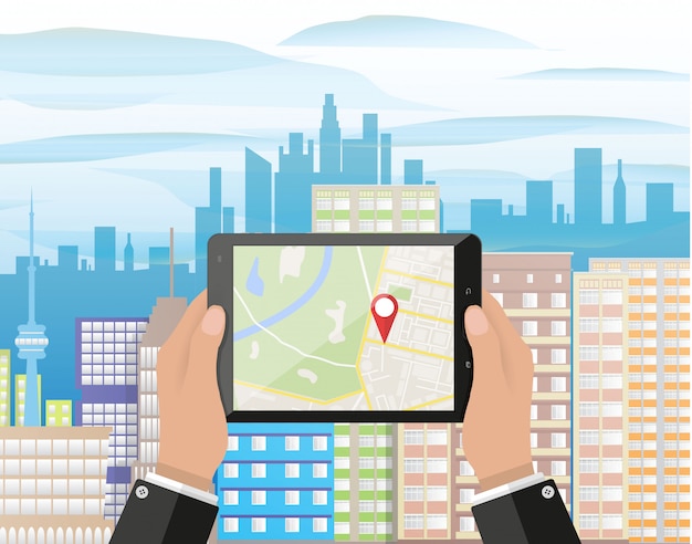 Hand holds smartphone with navigation app