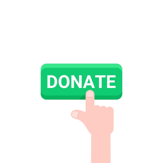 hand push on donate green button concept of beneficence sign or financial sponsorship for human rights cartoon style trend modern simple logo graphic art design isolated on white background