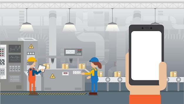 Hand som håller tom skärm mobiltelefon i fabrik med arbetare platt design vektorillustration
