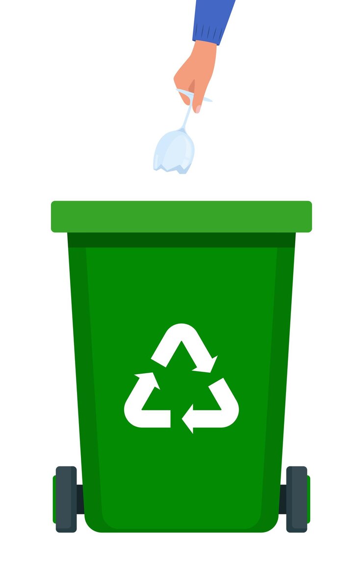 Vektör hand throws broken wine glass into the green bin with recycling symbol for organic waste