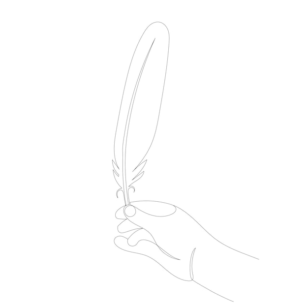 Hand with bird feather drawing in one continuous line