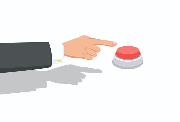 Vektör hand with black sleeve and white shirt push the red button with a finger.