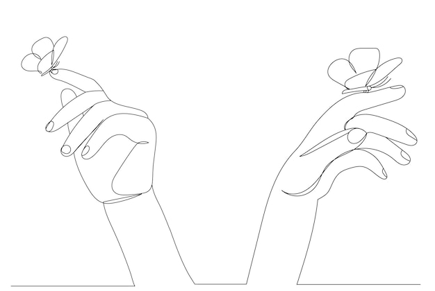hand with butterfly drawing by one continuous line sketch