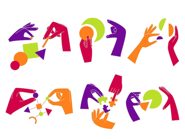 Hand with puzzles Cartoon teamwork concept with arms holding and working with abstract geometric objects Join jigsaw colorful pieces Vector set of data analytics or problem solving