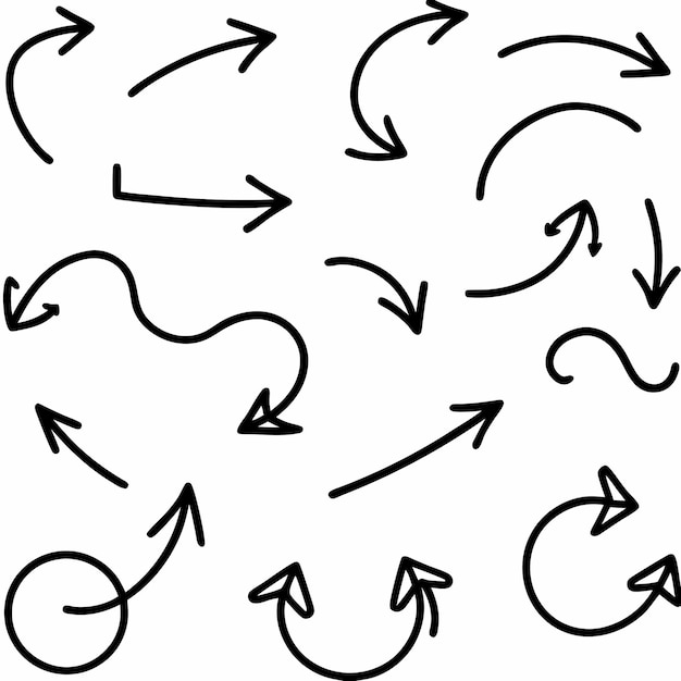 Handdrawn arrow set black and white arrows pointing in various directions isolated on white background