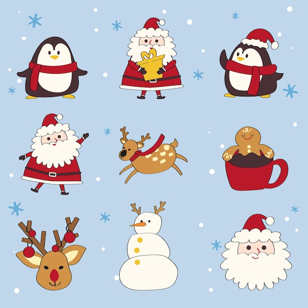 HandDrawn Christmas Holiday illustrationSanta snowman gingerbread cookie deer character