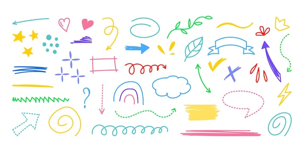 Handdrawn colorful doodle elements on white background