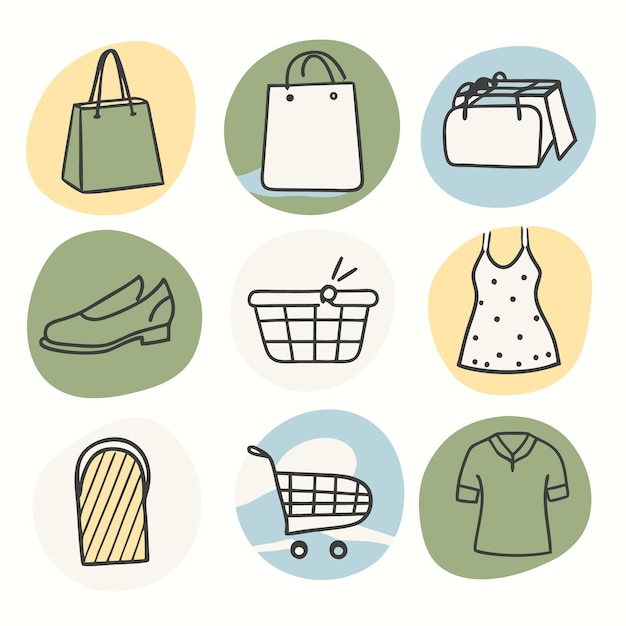 Handdrawn illustrations of various shopping and fashion items