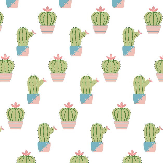 handdrawn seamless pattern with cactuses in pots pattern with blooming cacti