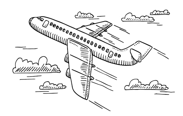 handdrawn vector drawing of a departing airplane blackandwhite sketch on a transparent backgroun