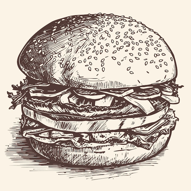 Handdrawn vector illustration of a big hamburger done in a retro sketch style