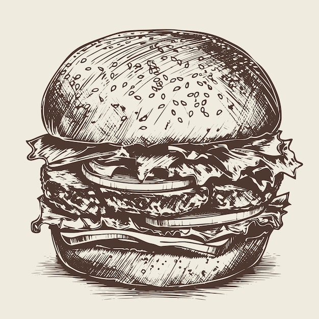 Handdrawn vector illustration of a big hamburger done in a retro sketch style
