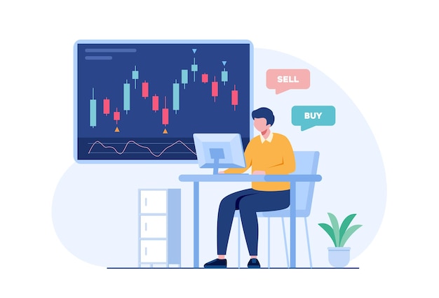 Handel med aktier och forex candlestick koncept platt vektorillustration för banner Premium Vector