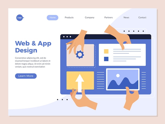 Hands app programming landing Design studio ui application creation creative processes human hands holding interface geometrical ellements recent vector web page template