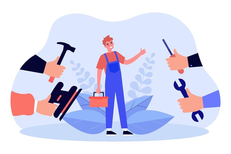 Vektor hands giving construction tools to repairman. tiny man standing with toolbox flat vector illustration. renovation work, repair and maintenance concept for banner, website design or landing web page