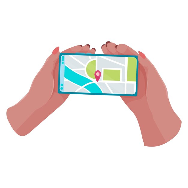 hands holding a phone or tablet phone with map and marker mobile gps navigation and path tracking concept the woman is holding a phone in her hand vector illustration