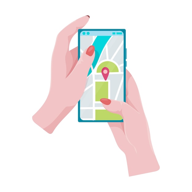 hands holding a phone or tablet phone with map and marker mobile gps navigation and path tracking concept the woman is holding a phone in her hand vector illustration
