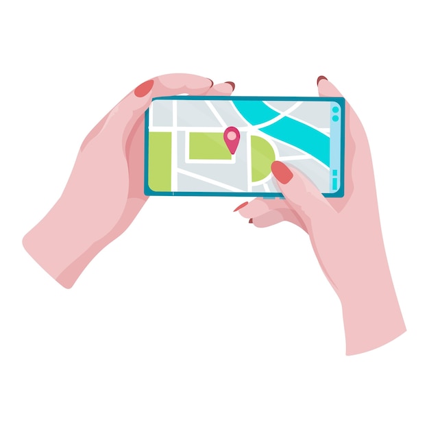 hands holding a phone or tablet phone with map and marker mobile gps navigation and path tracking concept the woman is holding a phone in her hand vector illustration