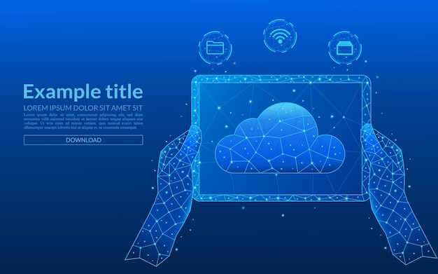 Hands holding a tablet Abstract digital cloud computing icon with icons on a futuristic background