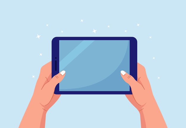 Hands holding and pointing on digital tablet pc. Man touching blank screen of tablet computer