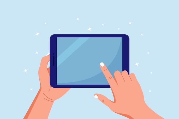 Hands holding and pointing on digital tablet pc. Man touching blank screen of tablet computer