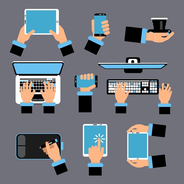 Hands holding different computer devices. Laptop, smartphone, tablet and other gadgets.