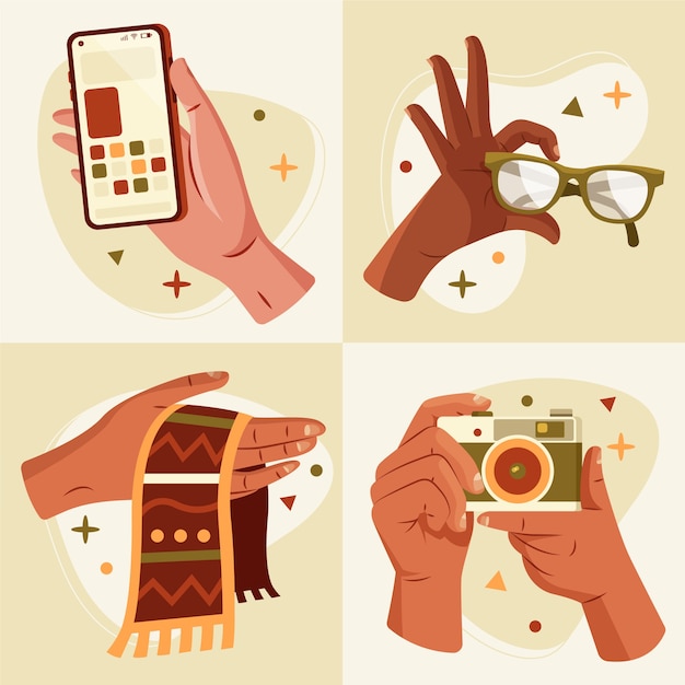 Hands holding objects illustration in flat design