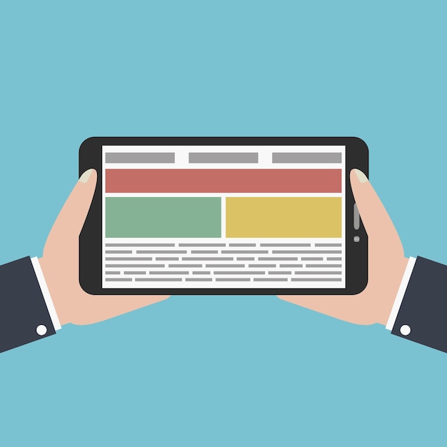 Hands holds digital tablet. Flat design concept for web banners, web sites. Vector illustration.