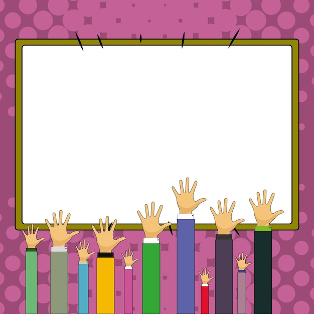Hands raised up pointing to whiteboard with important information Big white text holder behind main object contains message Empty speech bubble on colored background