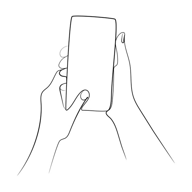 hands using smartphone continuous line drawing vector illustration. hand holding a modern smartphon