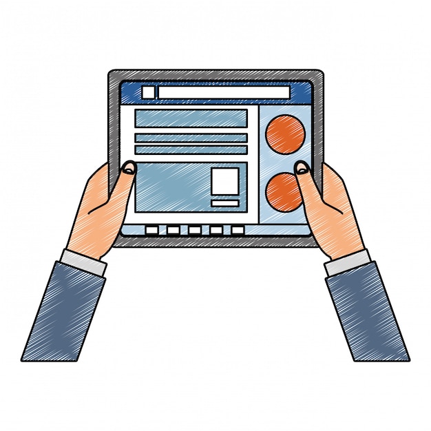 Hands using tablet to check social networks scribble