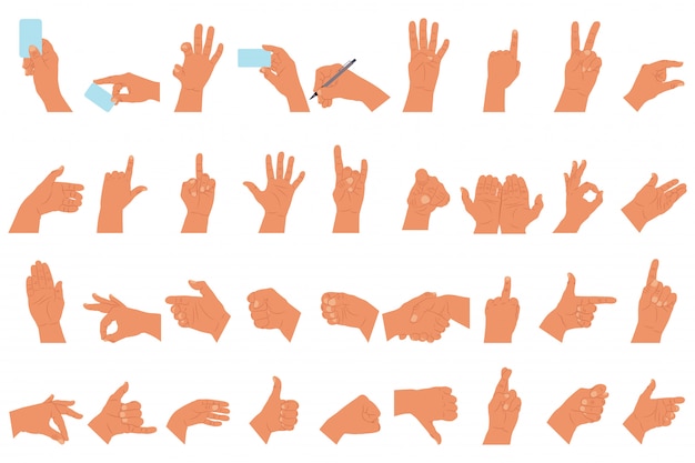 Hands with different gestures cartoon flat icons set isolated white 