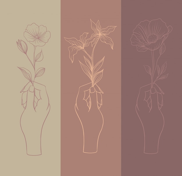 Hands with various kinds of flowers, line art