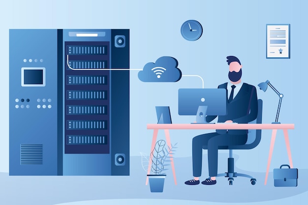 Handsome system administrator online monitors the operation of servers vector illustration