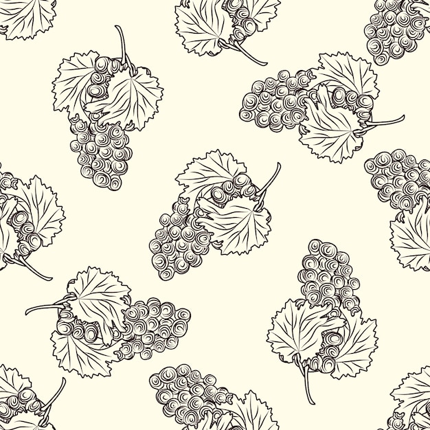 Håndtegnede druer sømløst mønster. Klynge af druer på lys baggrund. Frisk frugt monokrom skitse. Gravering vintage stil baggrund. Design til gavepapir, tekstilprint. Vektorillustration