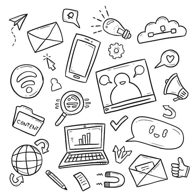 Håndtegnet oversigt doodle tegning af digital internet marketing relateret objekt illustration samling sæt