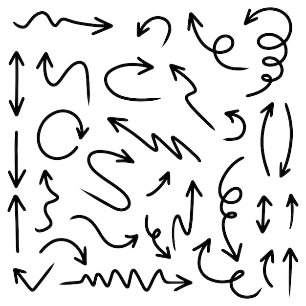 Håndtegnet pilesæt isoleret på hvid baggrund. Doodle vektor illustration.