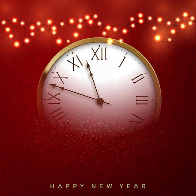 Happy 2022 New Year card with golden watch and lights. Vector.