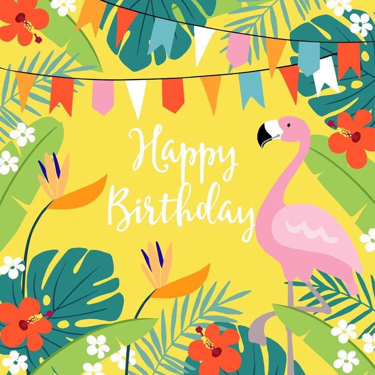 Vektör happy birthday greeting card invitation with hand drawn palm leaves hibiscus flowers flamingo bird and party flags tropical jungle design vector illustration background