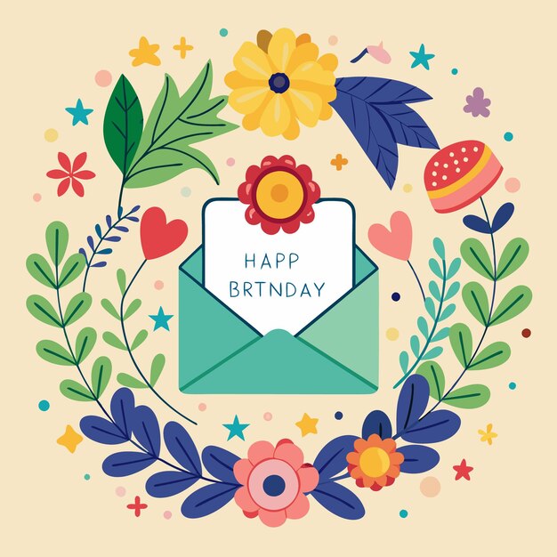 Happy birthday greeting square background with hand drawn wreath envelope and flowers Vector illustration