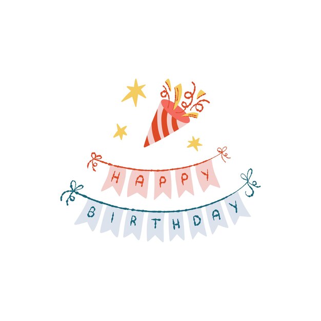 happy birthday lettering on flags hand drawn doodle illustration birthday card composition