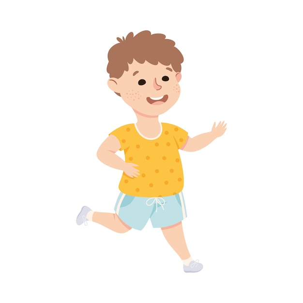 Happy Boy Running Wearing Shorts and Tshirt Preschool Kid Having Fun on Isolated White Background Vector Illustration