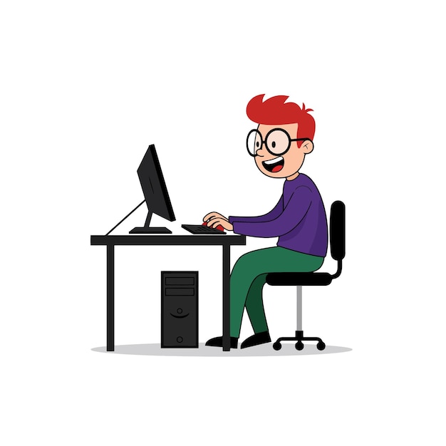 Happy Boy Working on Computer Desk Illustration