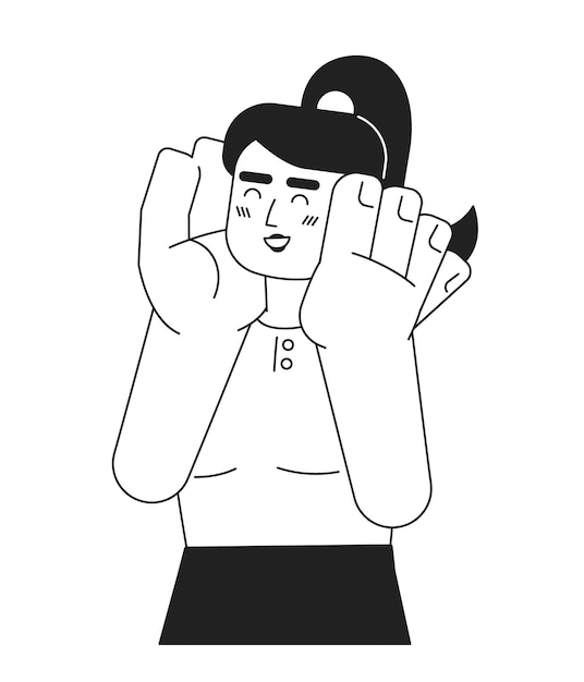 Happy caucasian girl monochromatic flat vector character Delight person Hands on cheeks Editable thin line half body person on white Simple bw cartoon spot image for web graphic design
