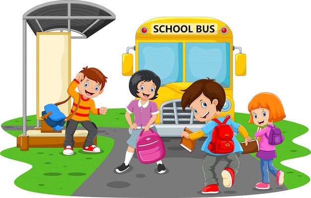 Happy children and school bus